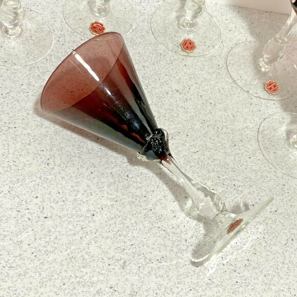 Wine Glasses Clear Crystal & Purple Hand Blown Glass Vintage Italian Set of 6 - Picture 6 of 10